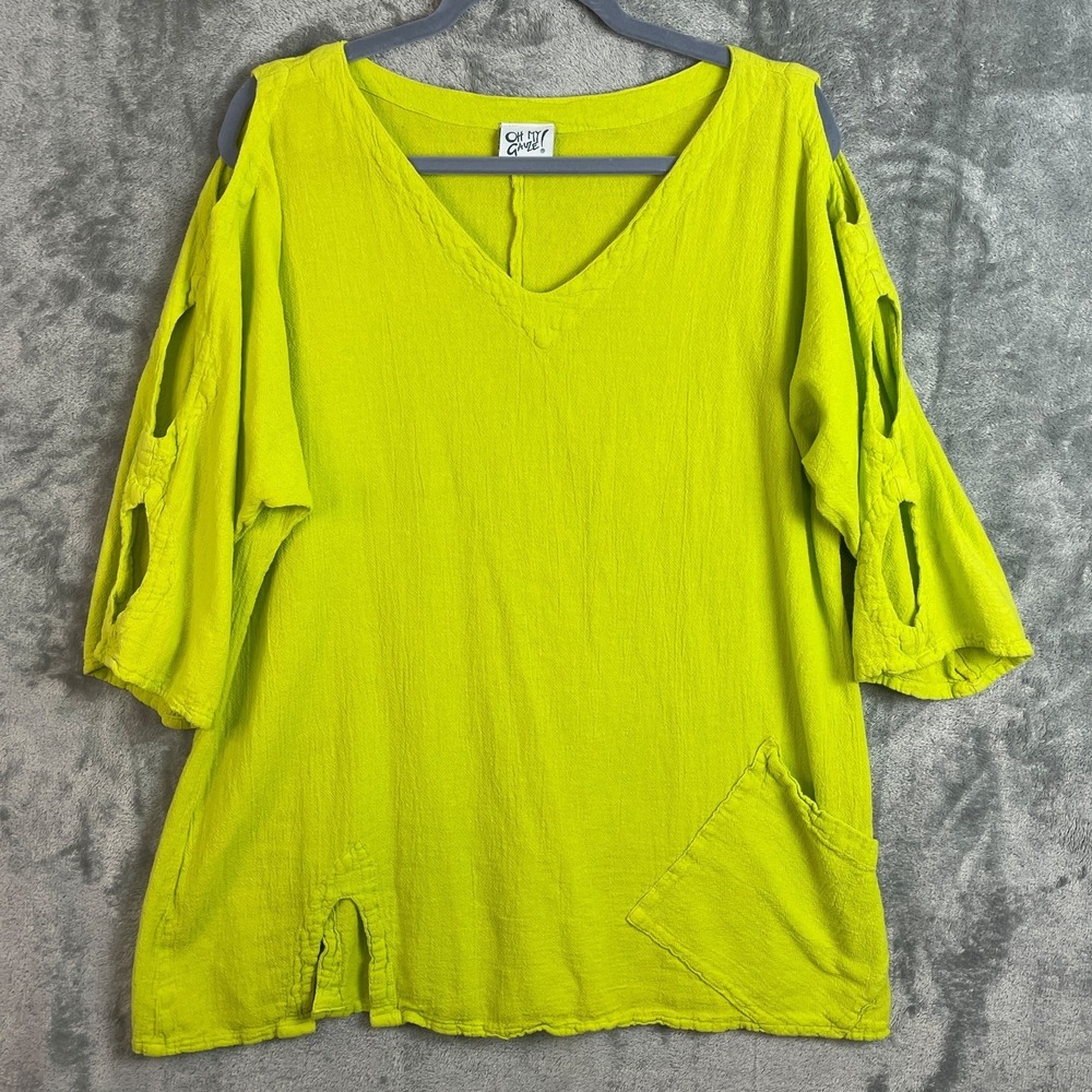 Oh My Gauze Tunic Top Women S/M Green Cut Outs Lagenlook Boho Artsy Beachy Shirt